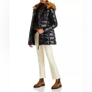 New S13 Chelsea Faux Fur Trim Puffer Jacket In Gloss Jet Black Size Small